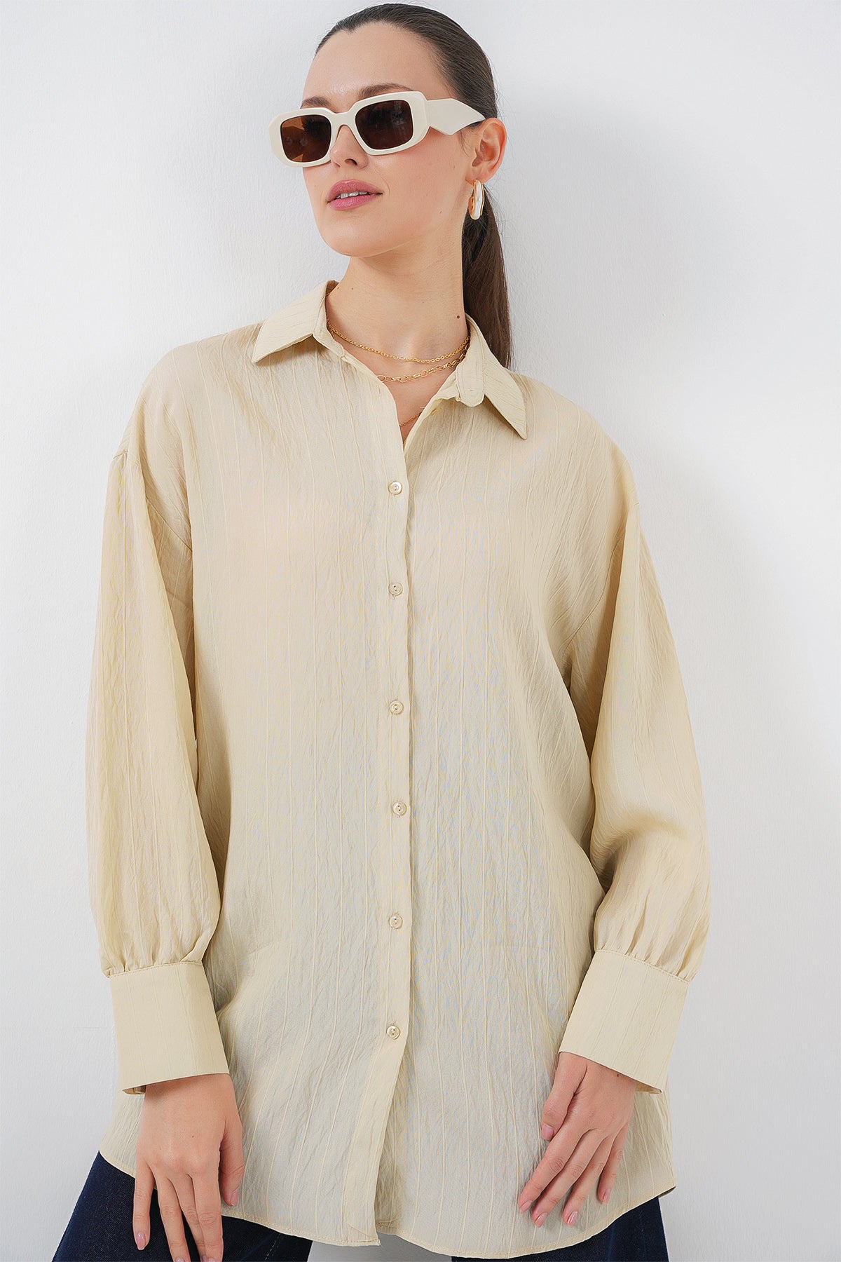 kadin çizgili uzun gömlek tunik 5963 - kahverengi - Justyol