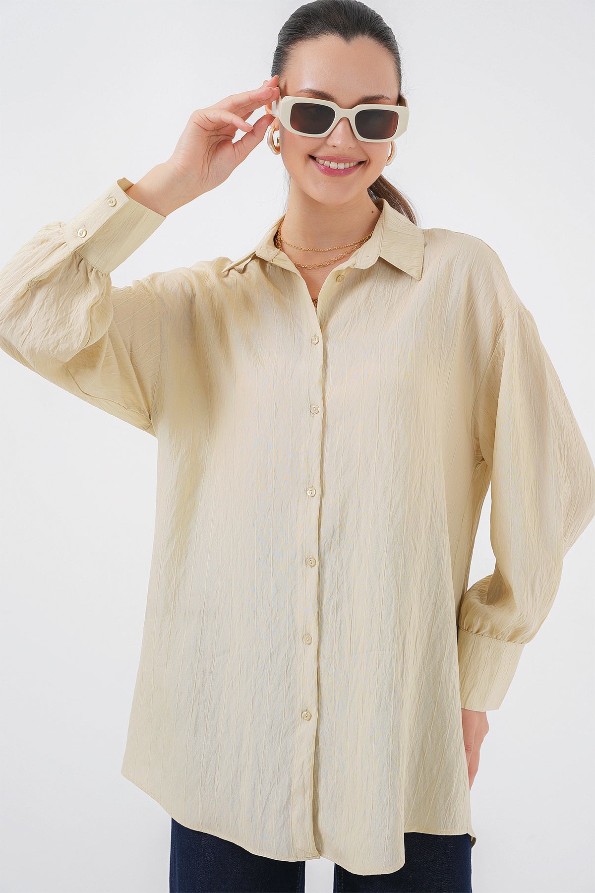 kadin çizgili uzun gömlek tunik 5963 - kahverengi - Justyol