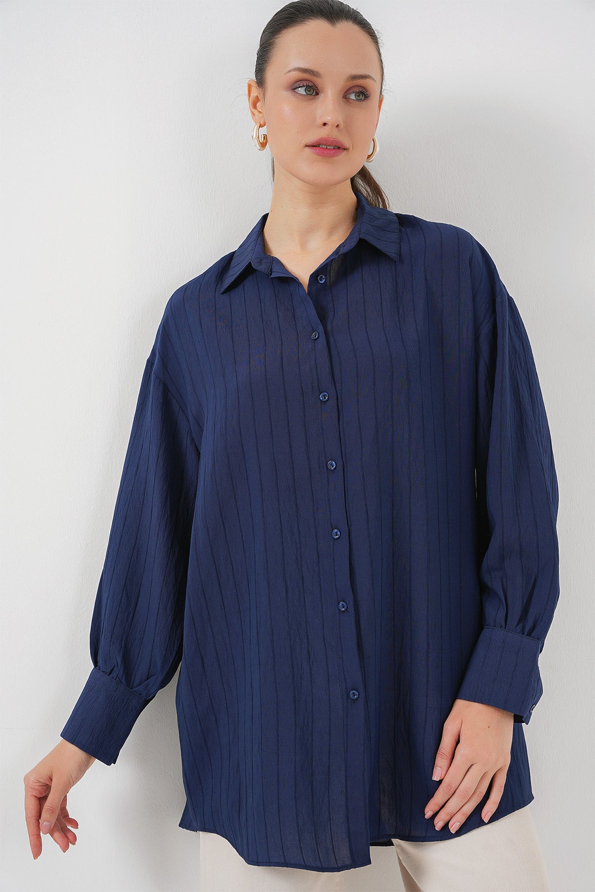 kadin çizgili uzun gömlek tunik 5963 - kahverengi - Justyol