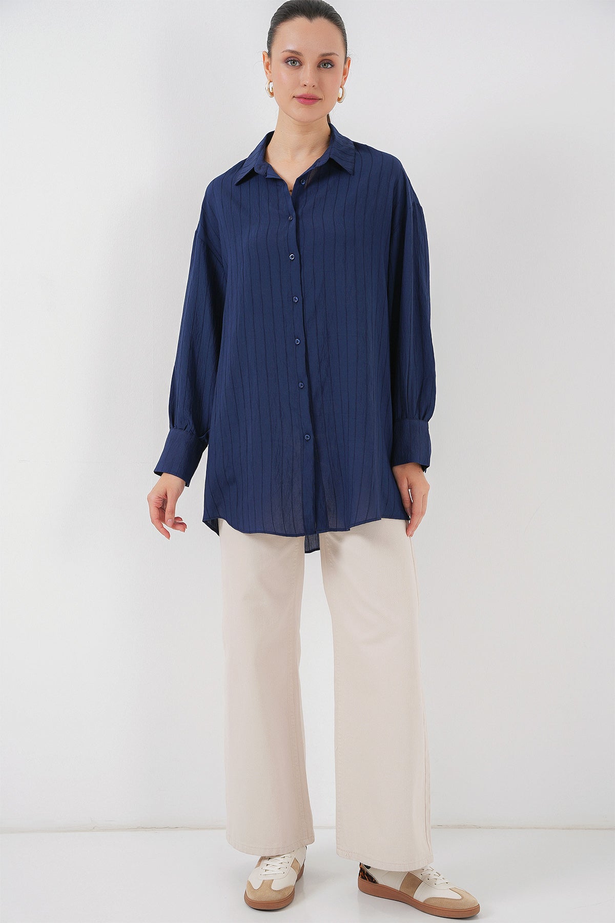 kadin çizgili uzun gömlek tunik 5963 - kahverengi - Justyol