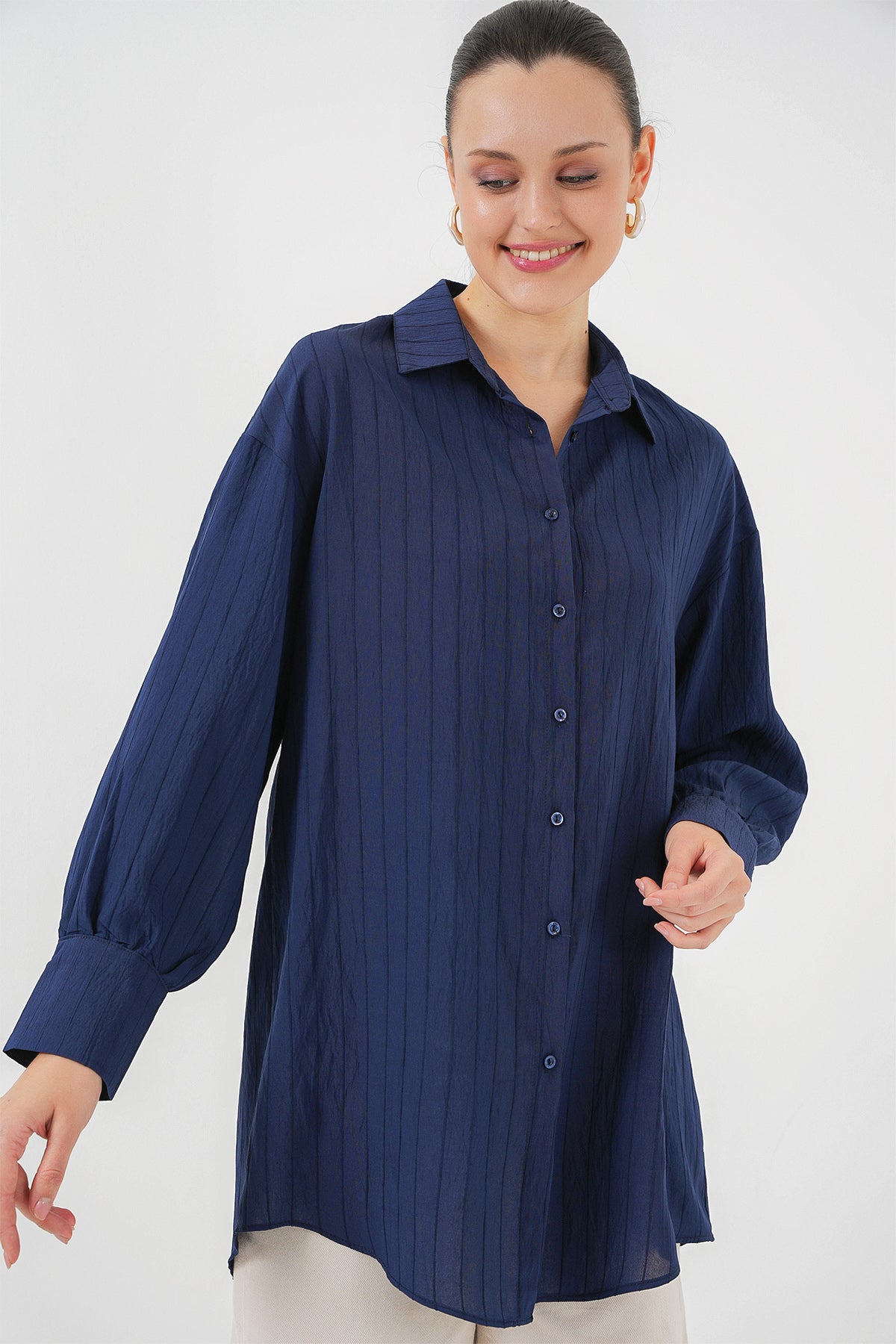 kadin çizgili uzun gömlek tunik 5963 - kahverengi - Justyol