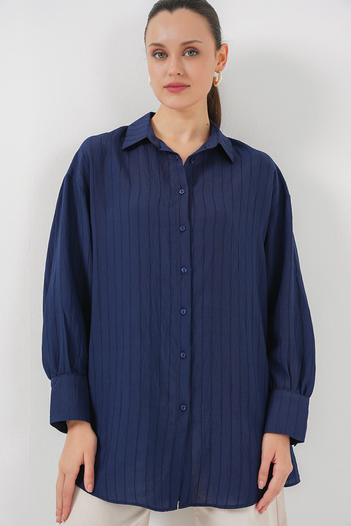 kadin çizgili uzun gömlek tunik 5963 - kahverengi - Justyol