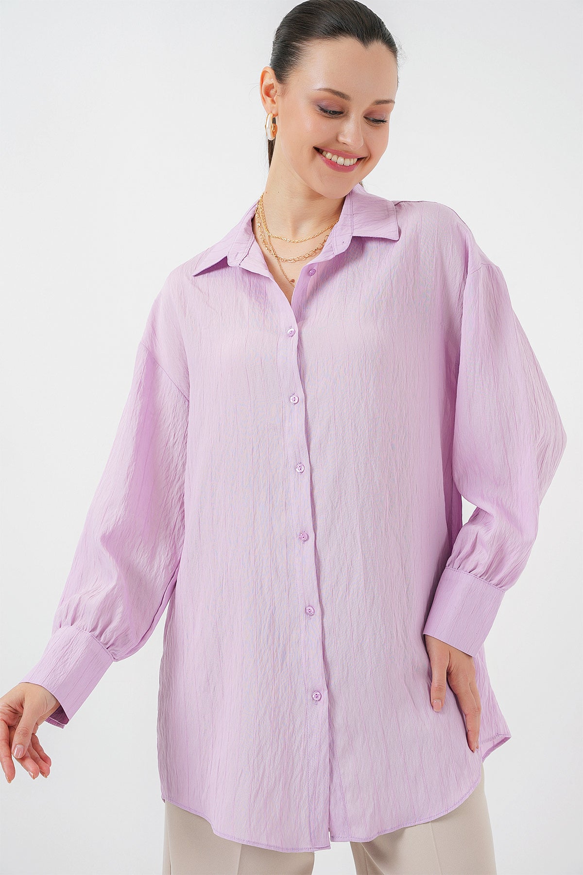 kadin çizgili uzun gömlek tunik 5963 - kahverengi - Justyol