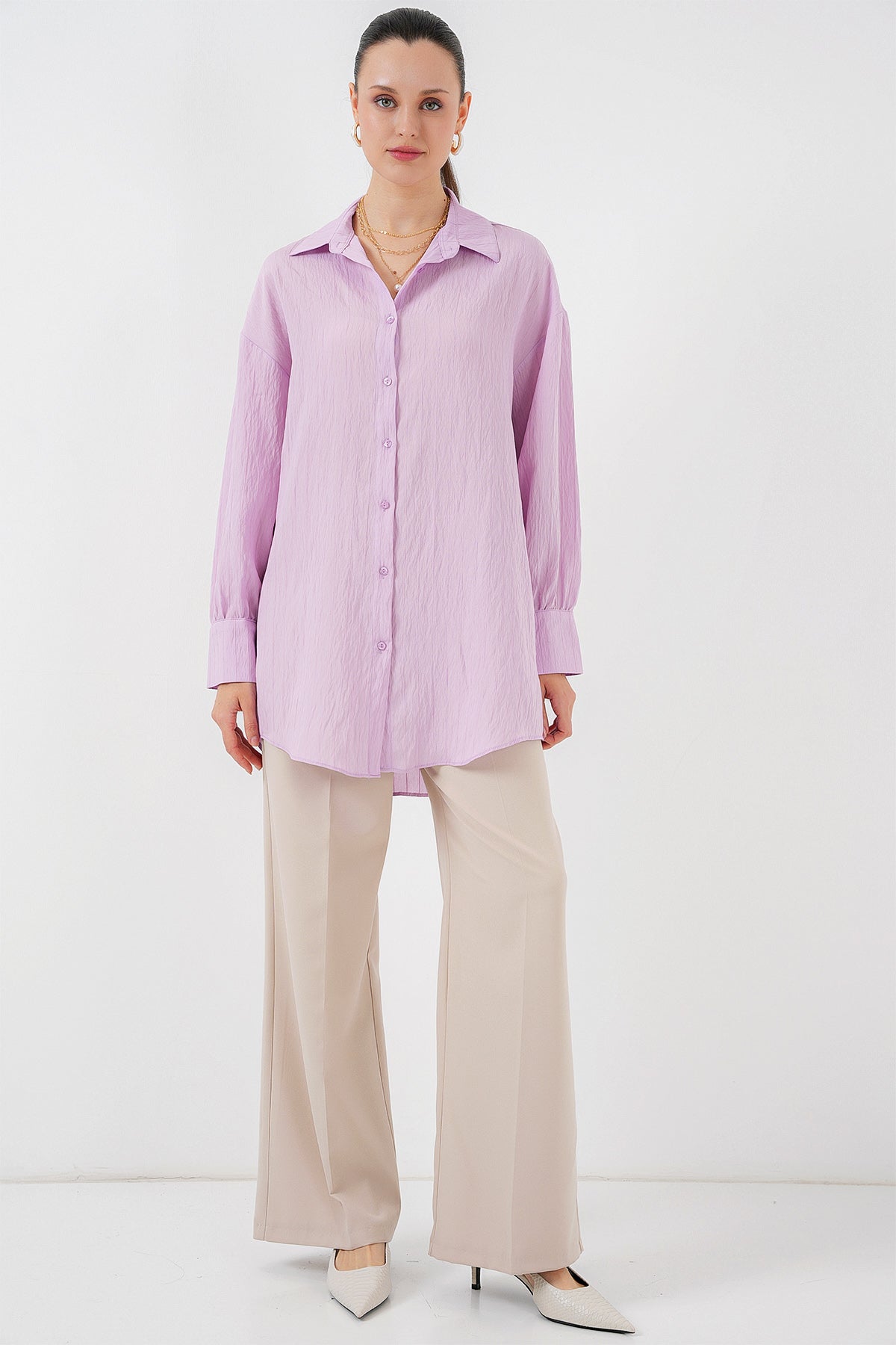 kadin çizgili uzun gömlek tunik 5963 - kahverengi - Justyol