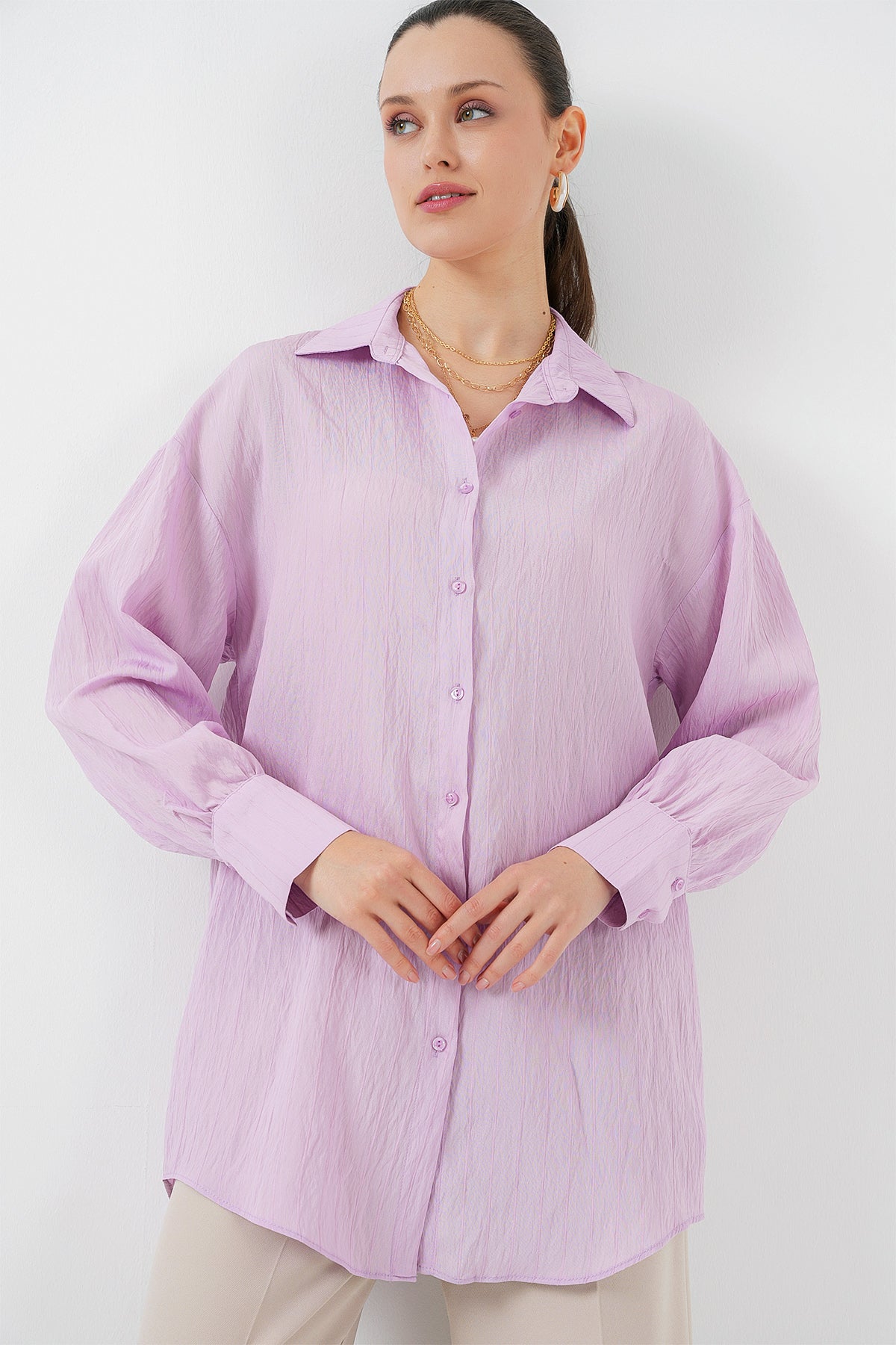 kadin çizgili uzun gömlek tunik 5963 - kahverengi - Justyol