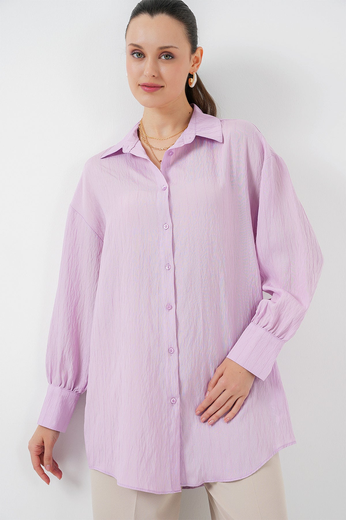 kadin çizgili uzun gömlek tunik 5963 - kahverengi - Justyol