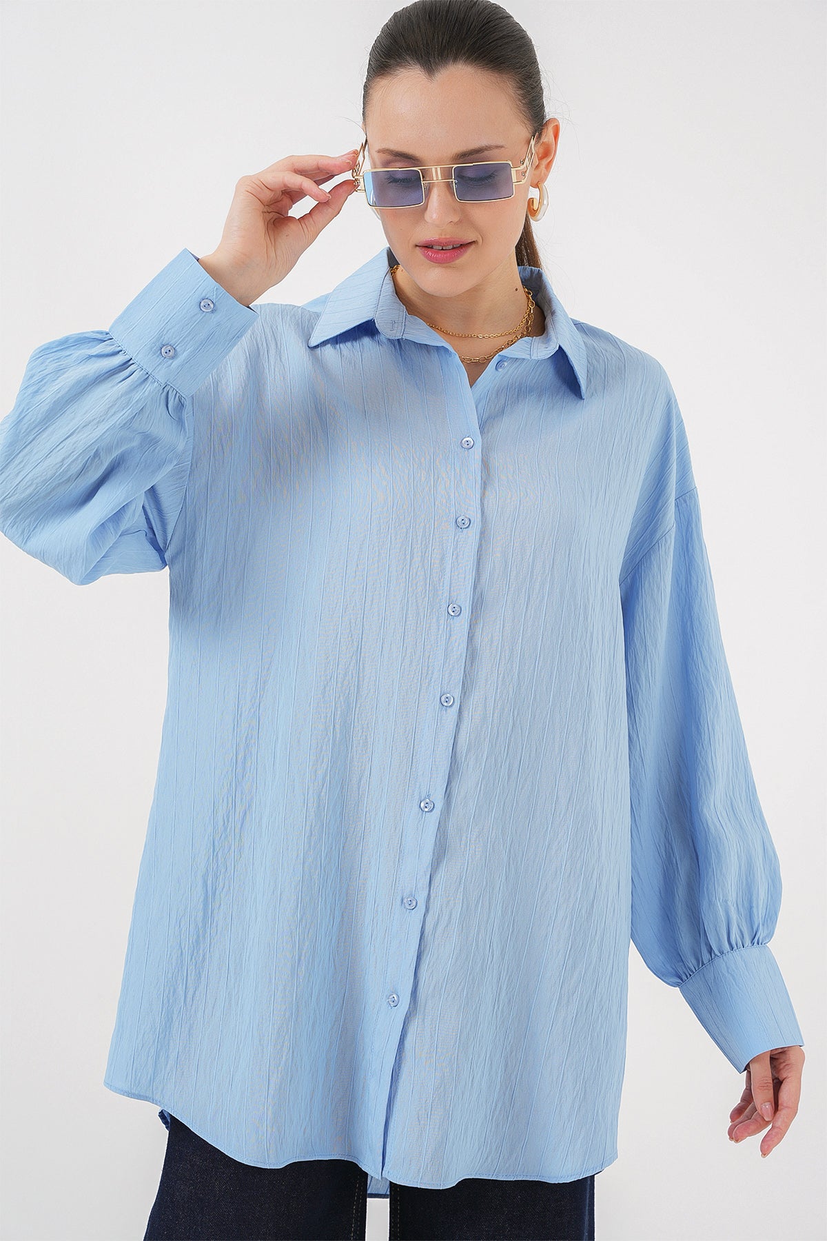 kadin çizgili uzun gömlek tunik 5963 - kahverengi - Justyol