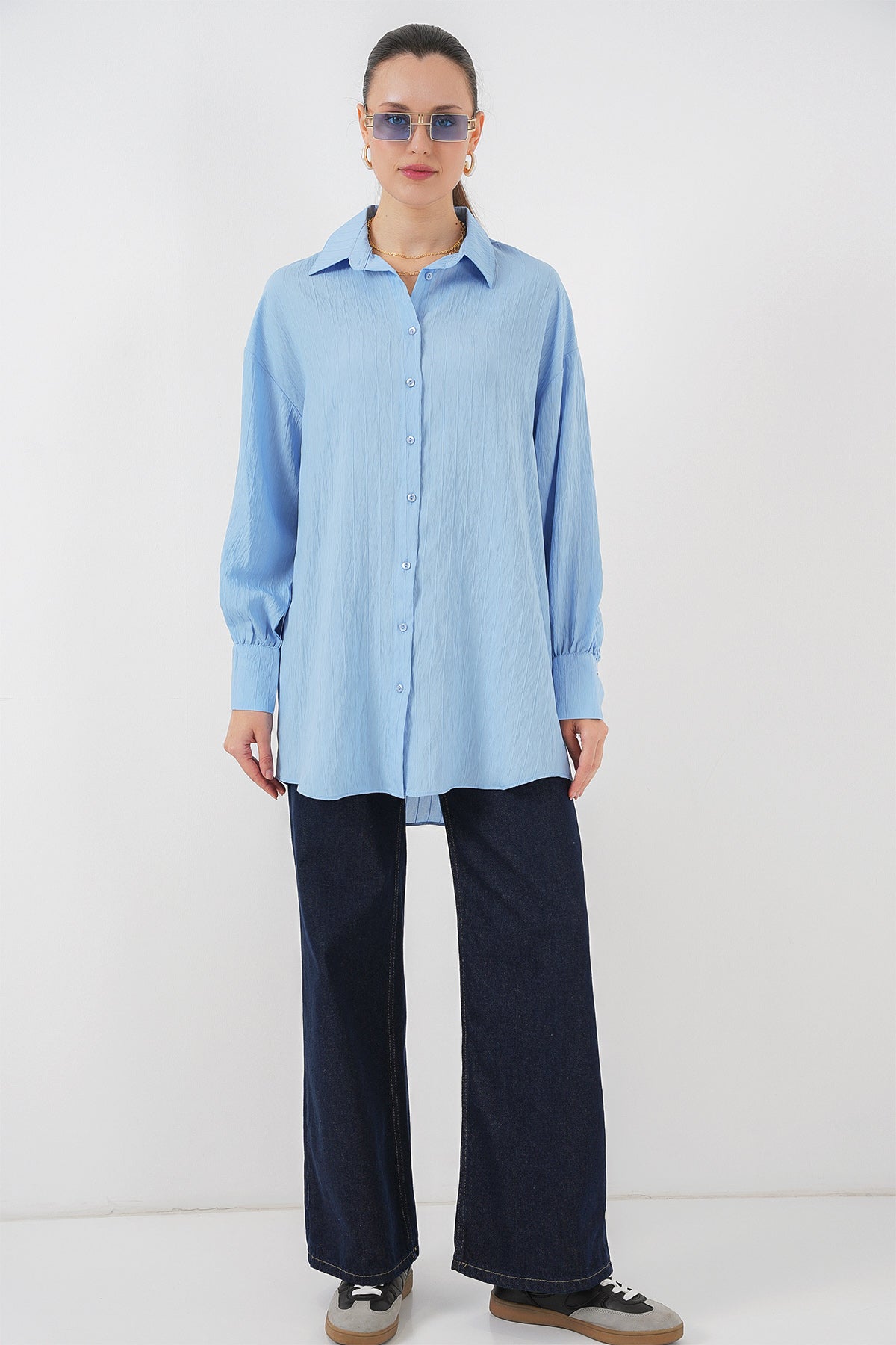 kadin çizgili uzun gömlek tunik 5963 - kahverengi - Justyol