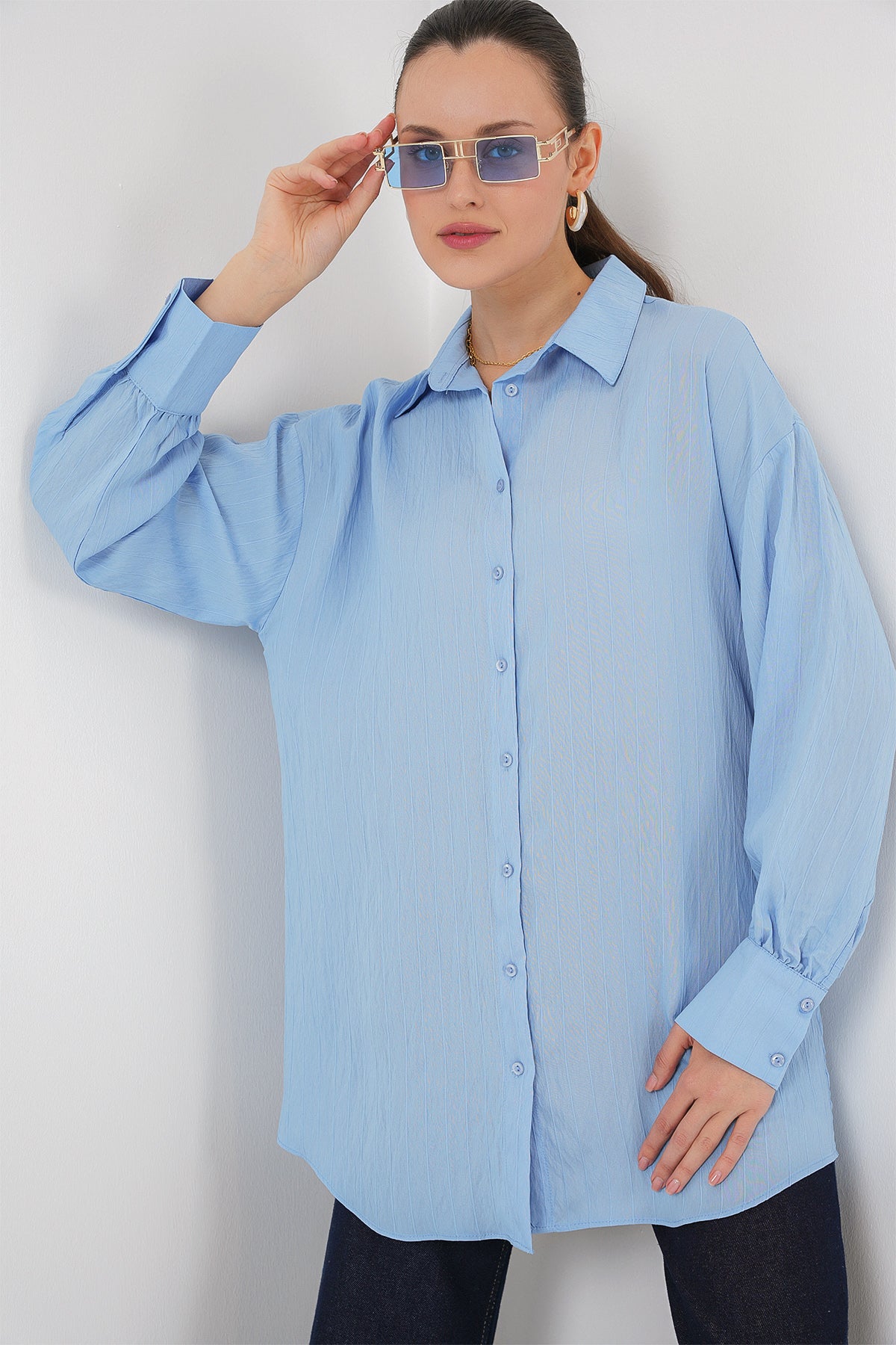 kadin çizgili uzun gömlek tunik 5963 - kahverengi - Justyol