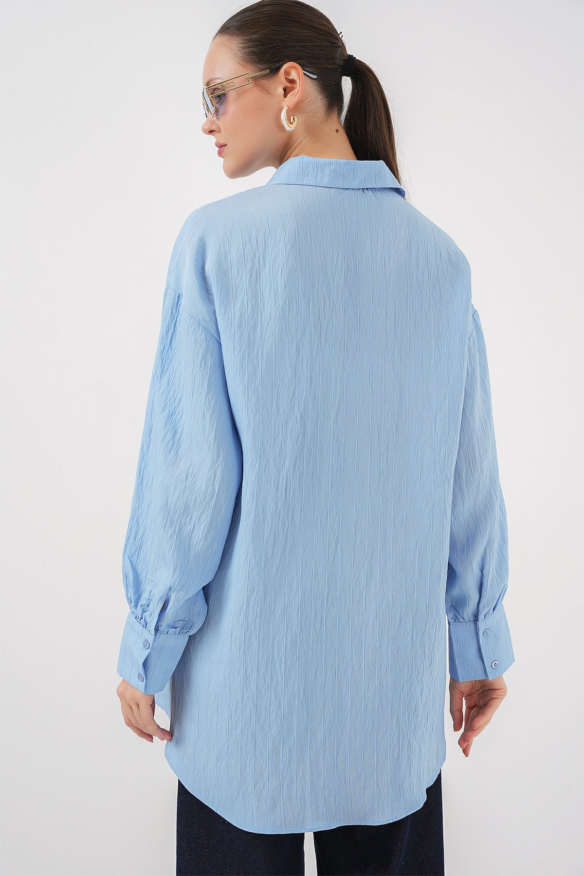 kadin çizgili uzun gömlek tunik 5963 - kahverengi - Justyol