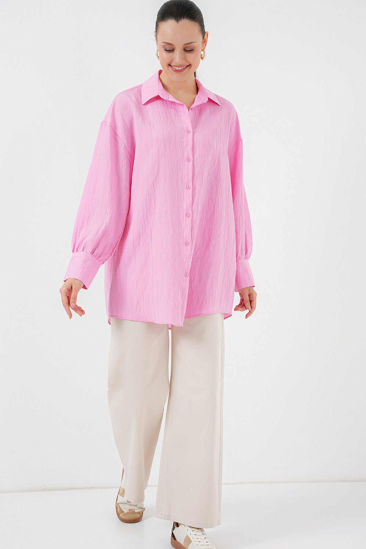 kadin çizgili uzun gömlek tunik 5963 - kahverengi - Justyol