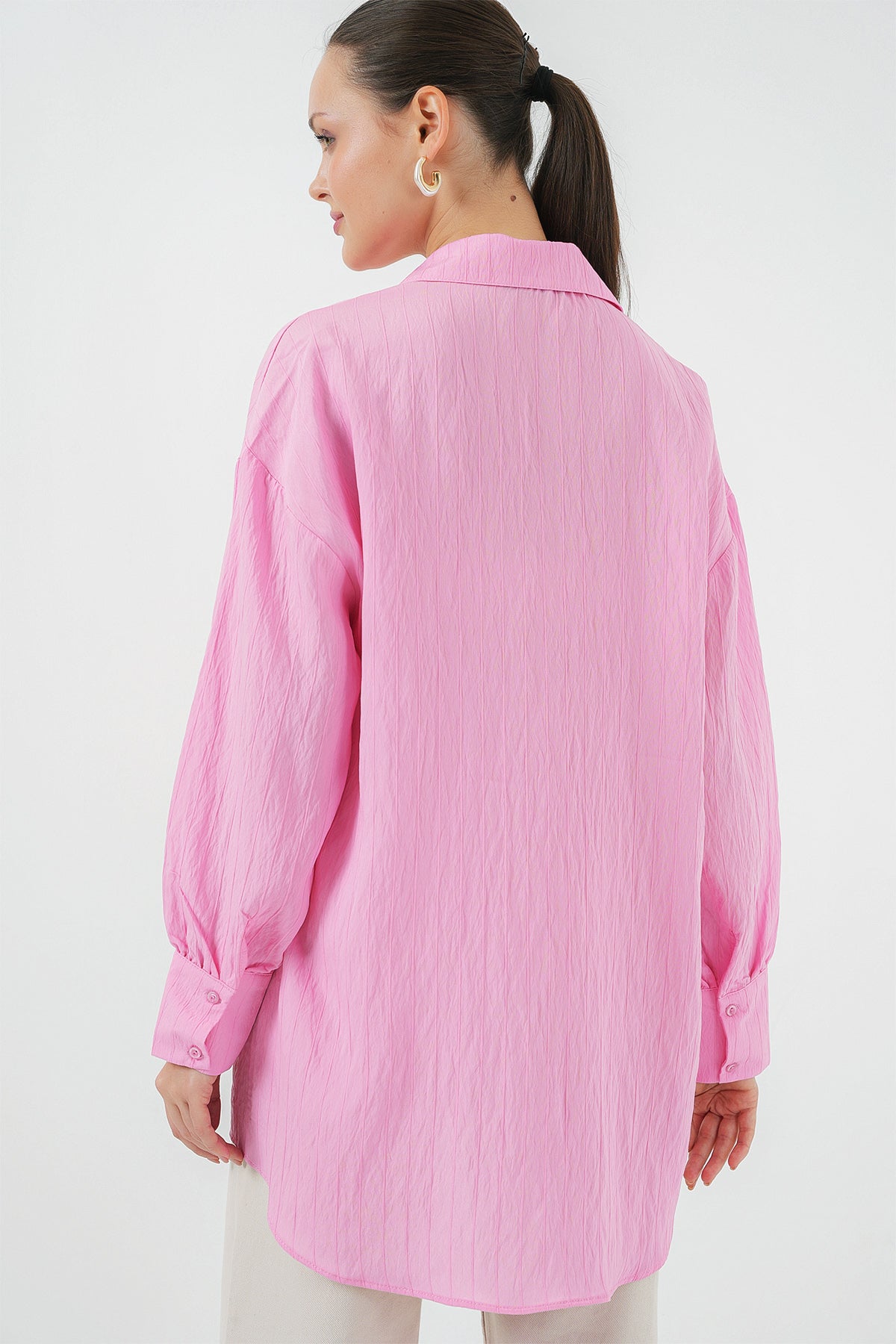 kadin çizgili uzun gömlek tunik 5963 - kahverengi - Justyol