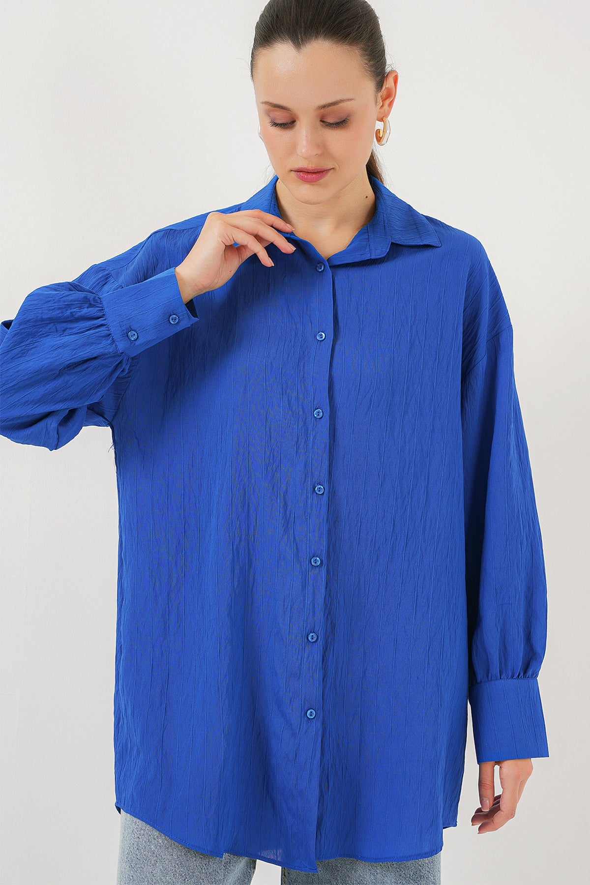 kadin çizgili uzun gömlek tunik 5963 - kahverengi - Justyol