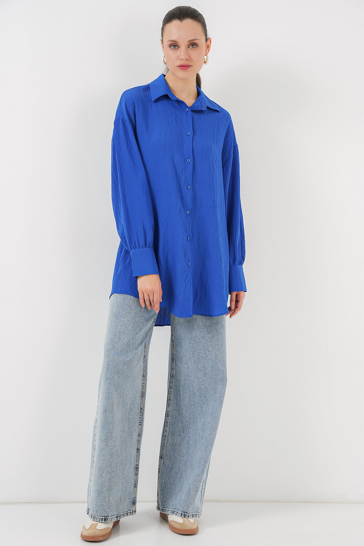 kadin çizgili uzun gömlek tunik 5963 - kahverengi - Justyol