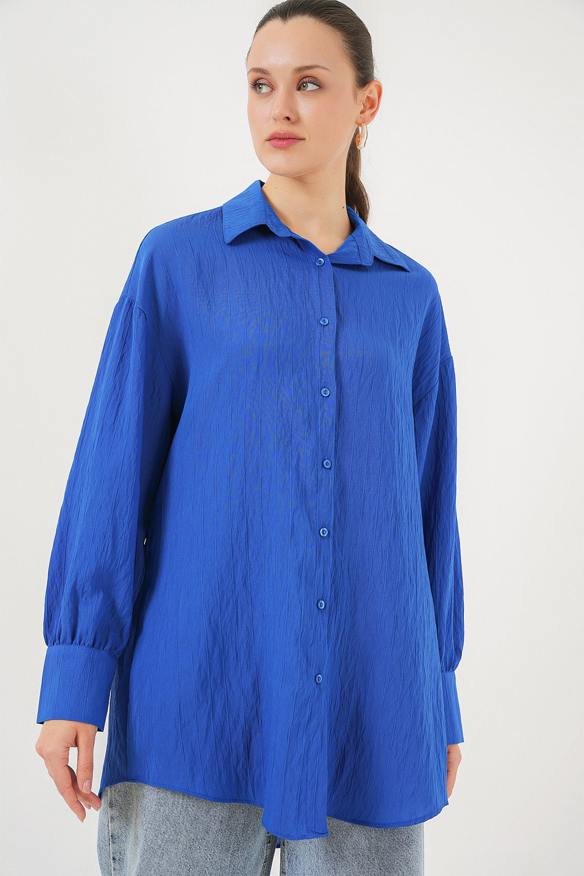 kadin çizgili uzun gömlek tunik 5963 - kahverengi - Justyol