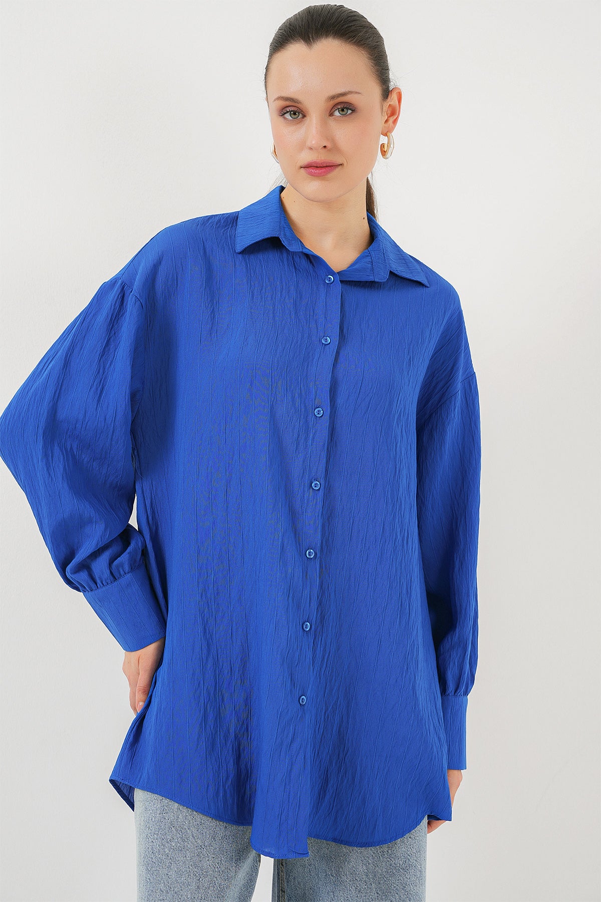 kadin çizgili uzun gömlek tunik 5963 - kahverengi - Justyol