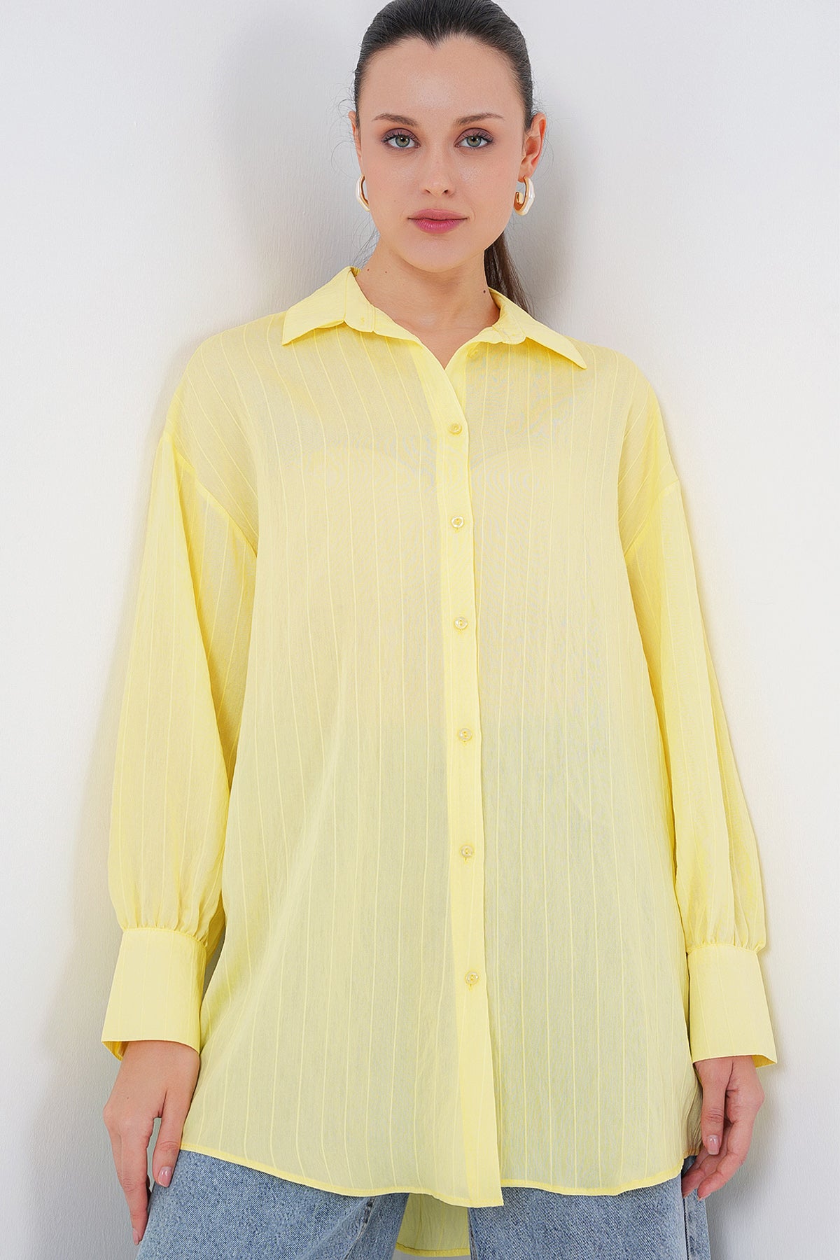 kadin çizgili uzun gömlek tunik 5963 - kahverengi - Justyol