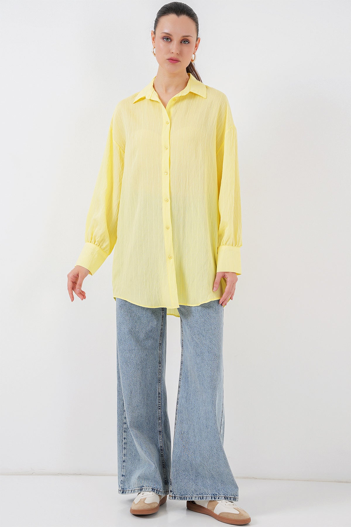 kadin çizgili uzun gömlek tunik 5963 - kahverengi - Justyol