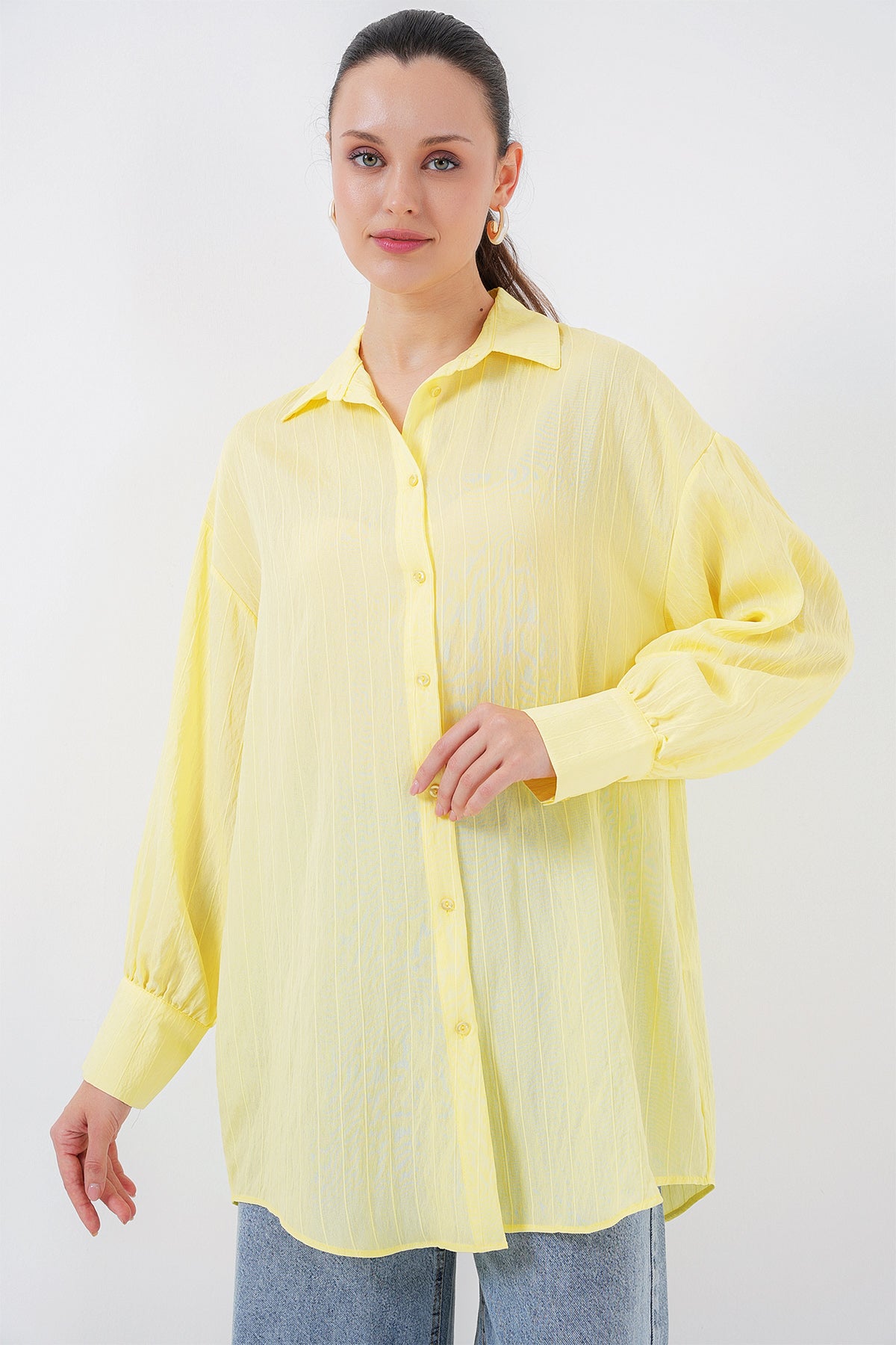 kadin çizgili uzun gömlek tunik 5963 - kahverengi - Justyol