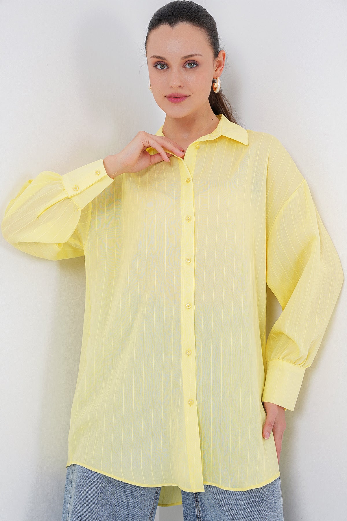 kadin çizgili uzun gömlek tunik 5963 - kahverengi - Justyol