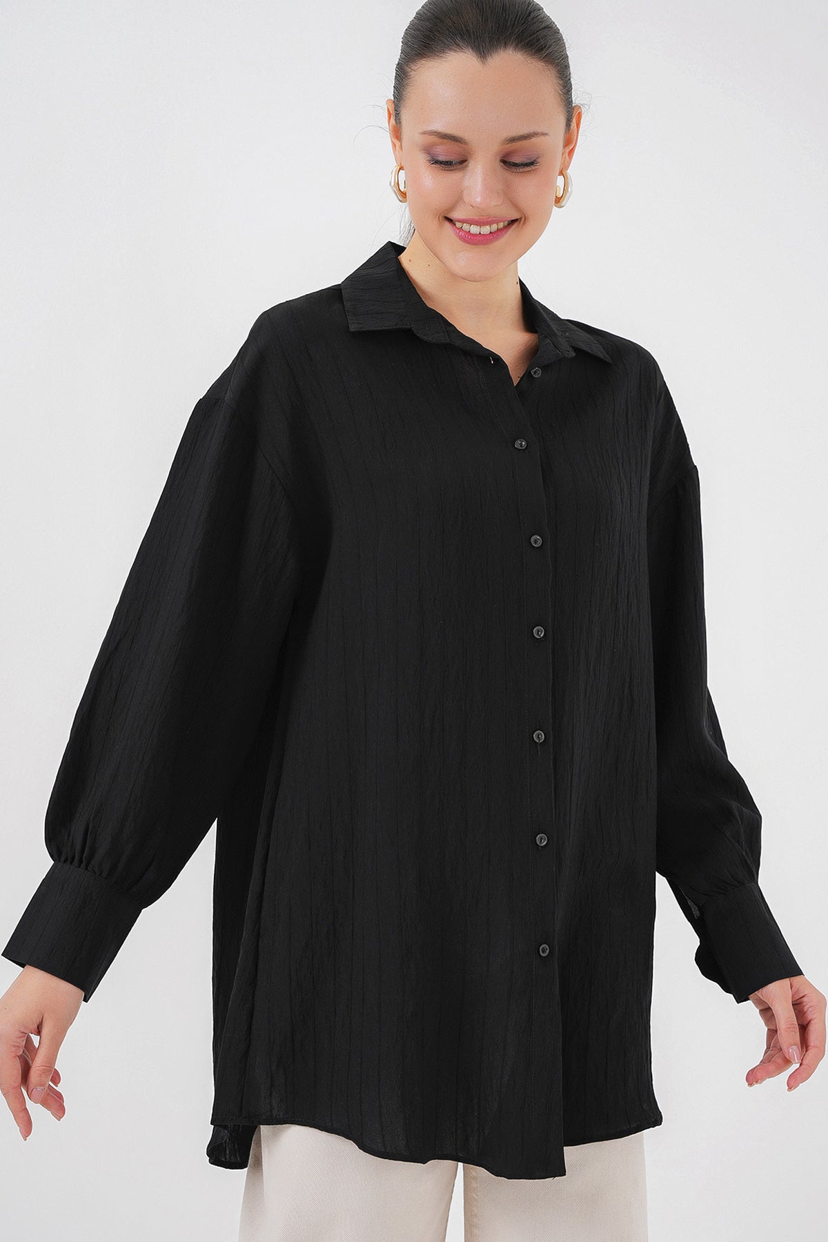 kadin çizgili uzun gömlek tunik 5963 - kahverengi - Justyol