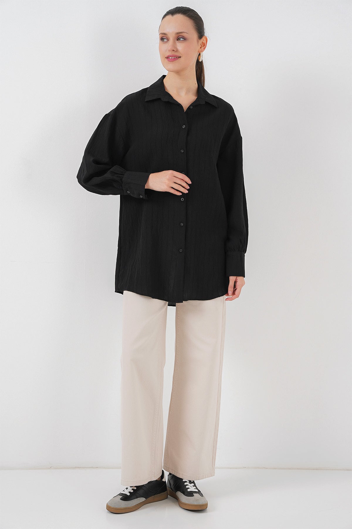 kadin çizgili uzun gömlek tunik 5963 - kahverengi - Justyol