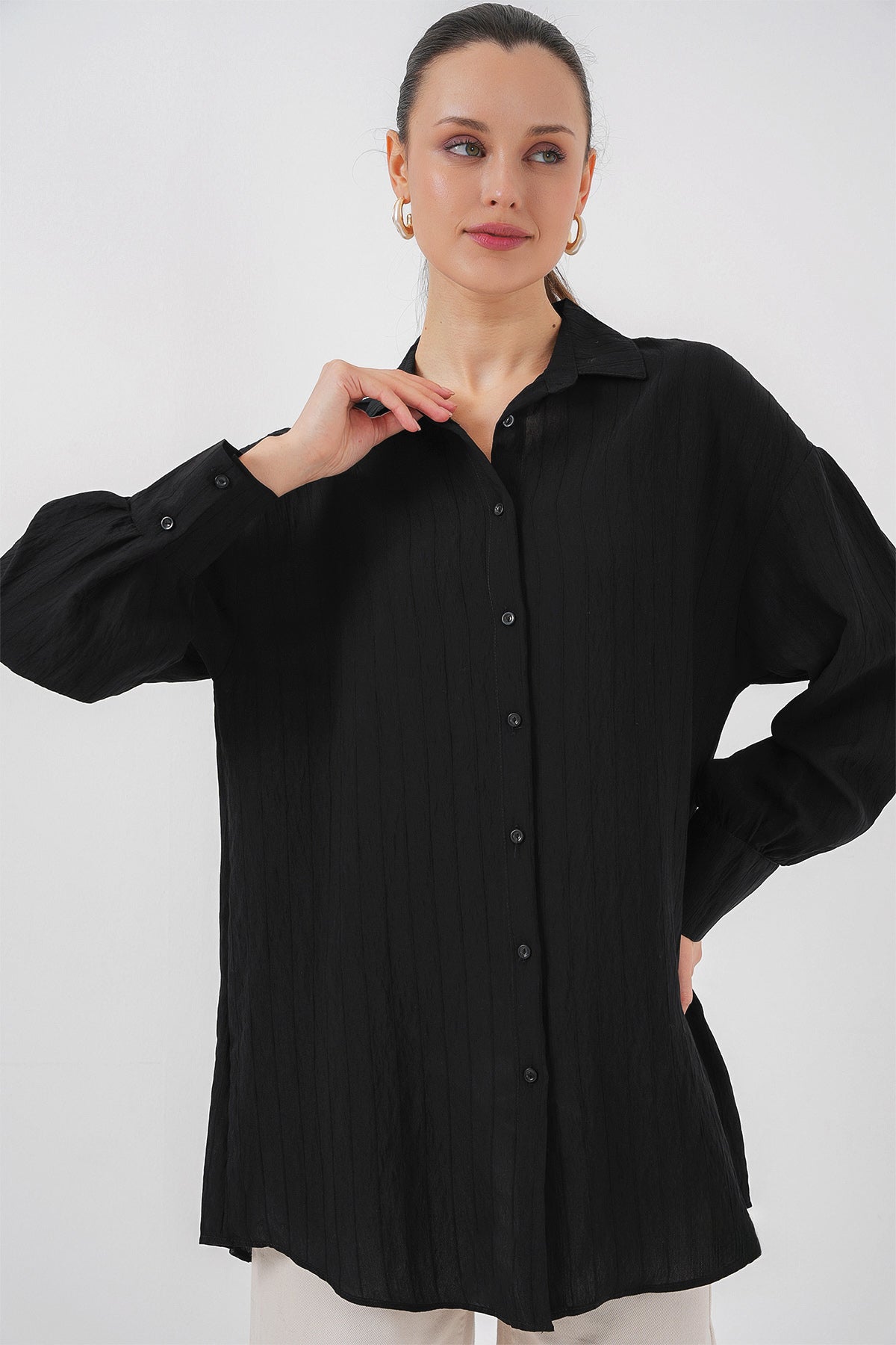 kadin çizgili uzun gömlek tunik 5963 - kahverengi - Justyol