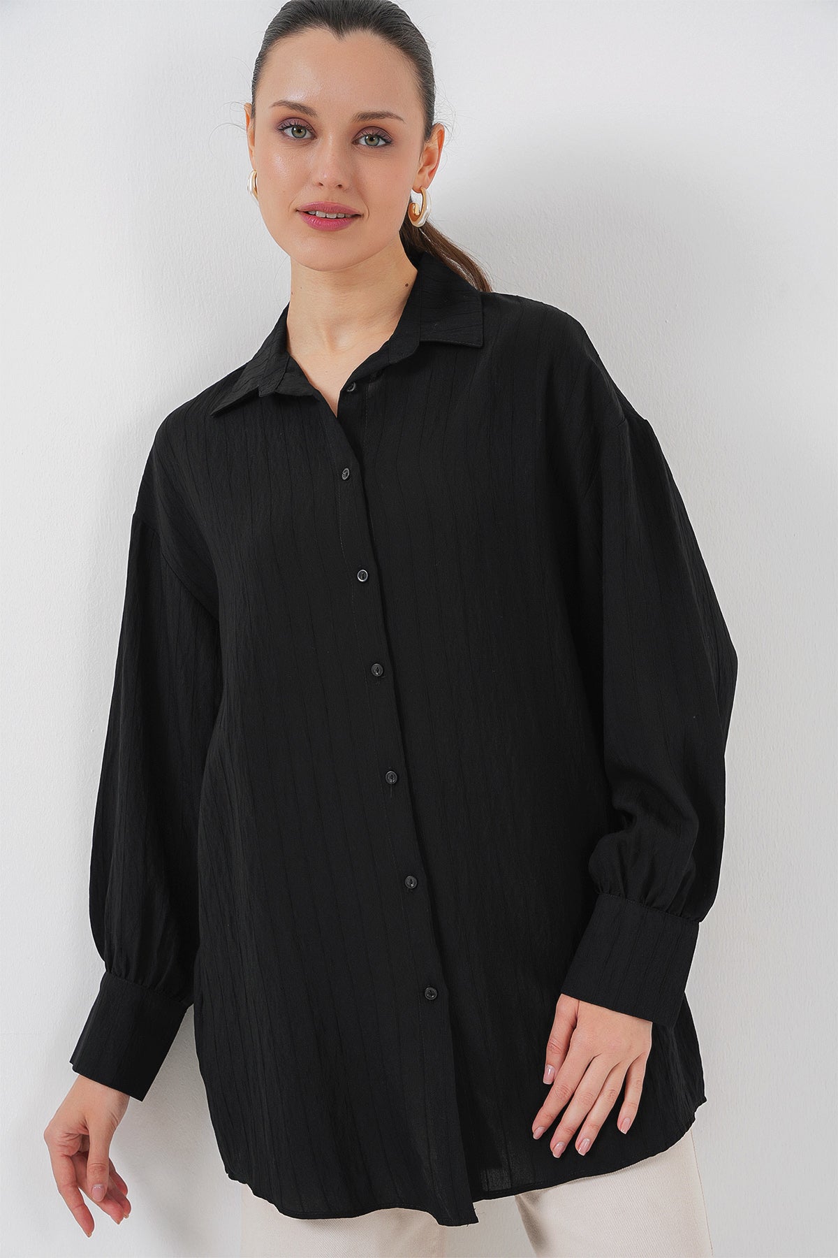 kadin çizgili uzun gömlek tunik 5963 - kahverengi - Justyol