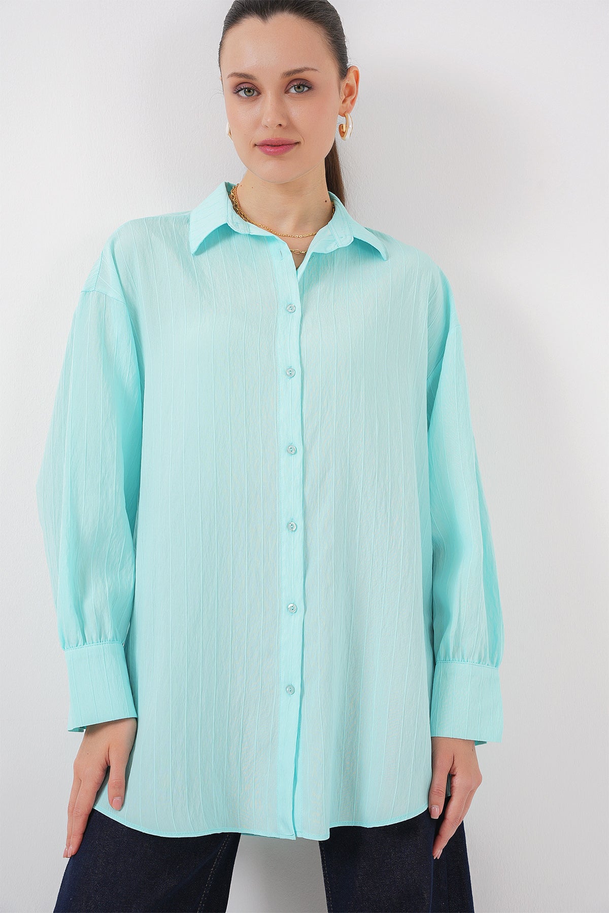 kadin çizgili uzun gömlek tunik 5963 - kahverengi - Justyol