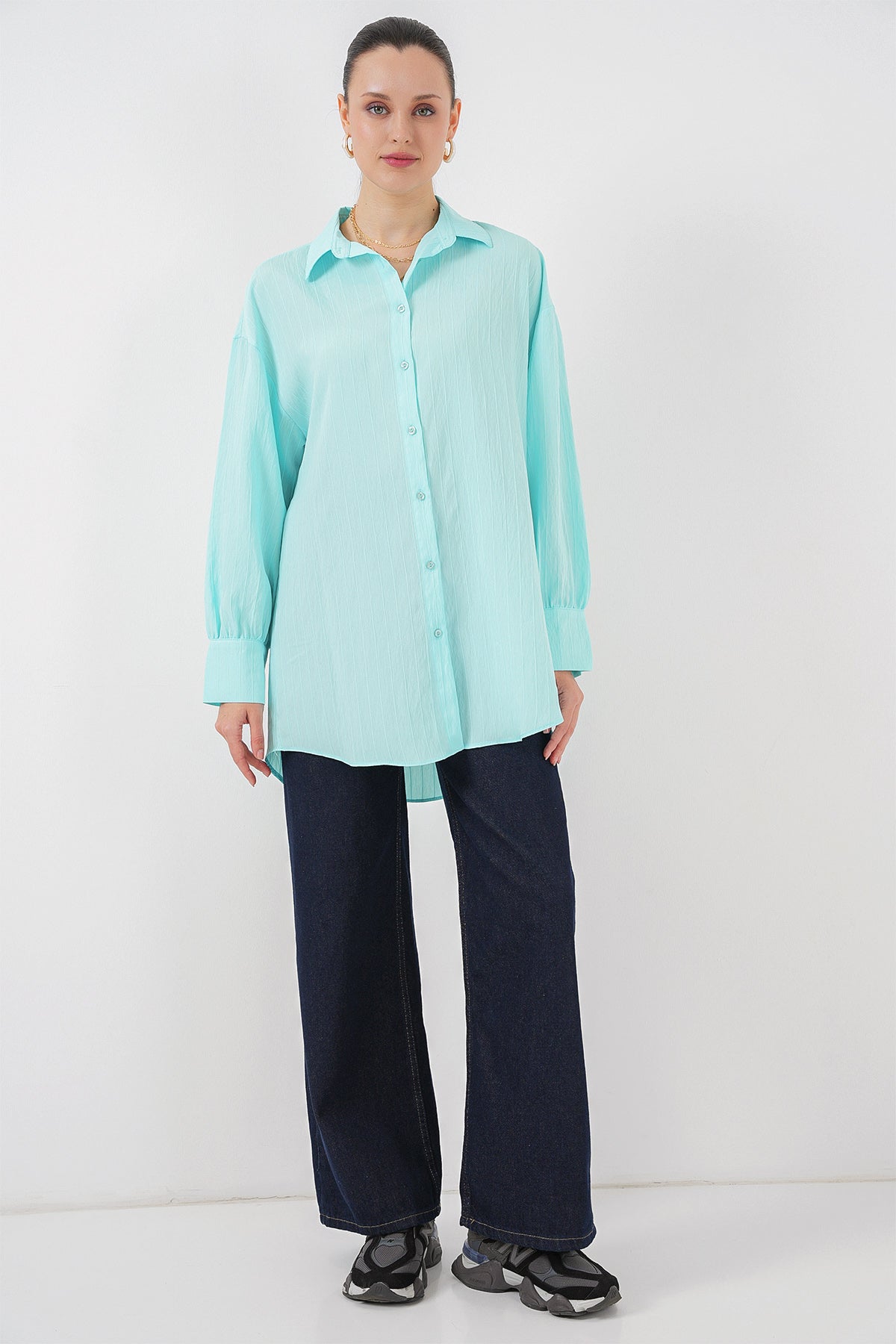 kadin çizgili uzun gömlek tunik 5963 - kahverengi - Justyol