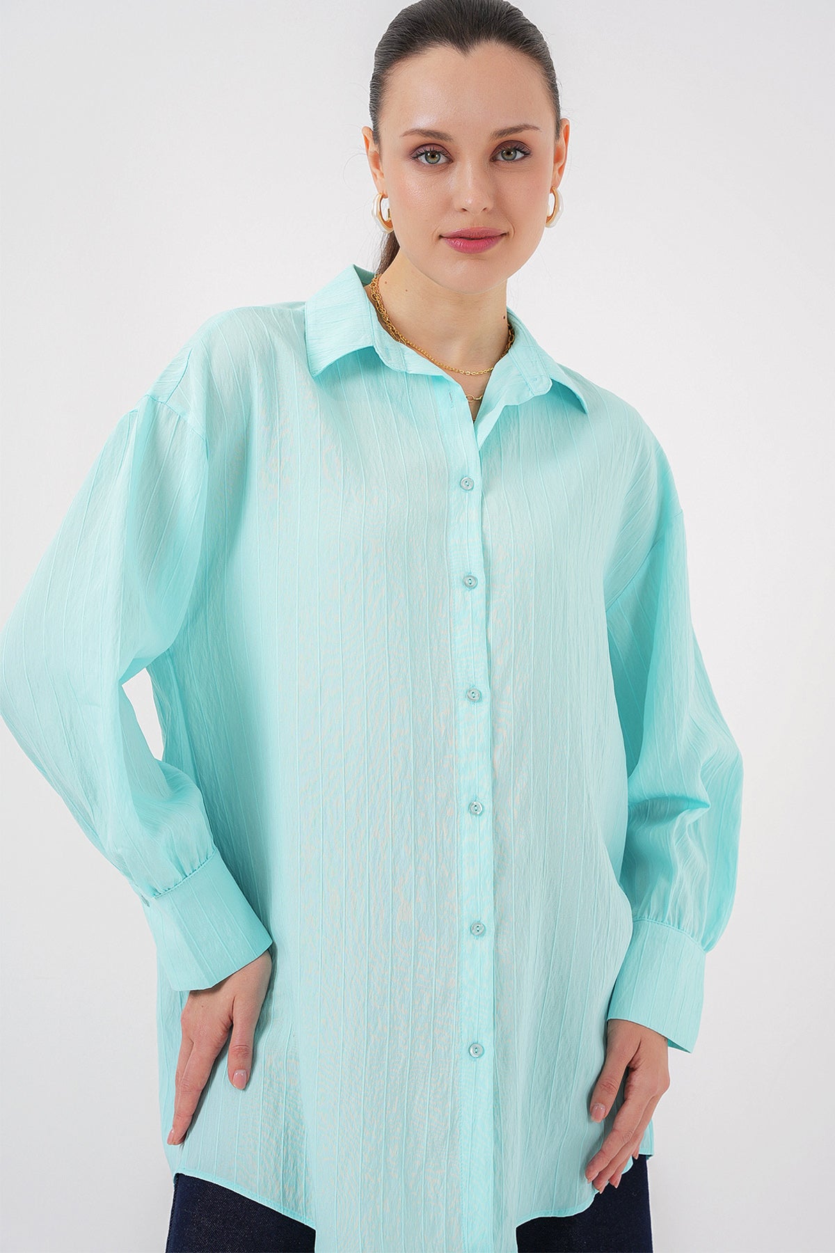 kadin çizgili uzun gömlek tunik 5963 - kahverengi - Justyol