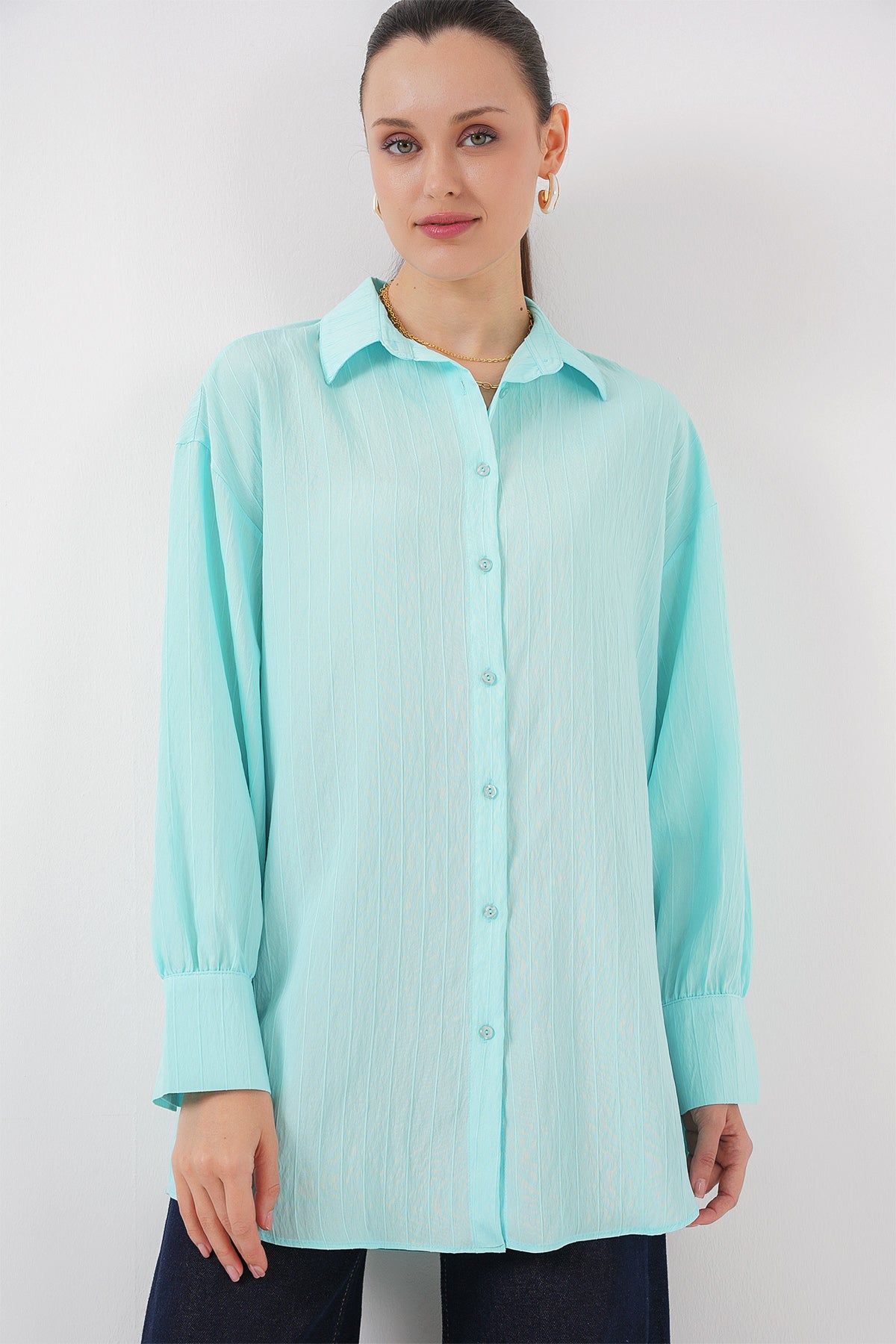 kadin çizgili uzun gömlek tunik 5963 - kahverengi - Justyol