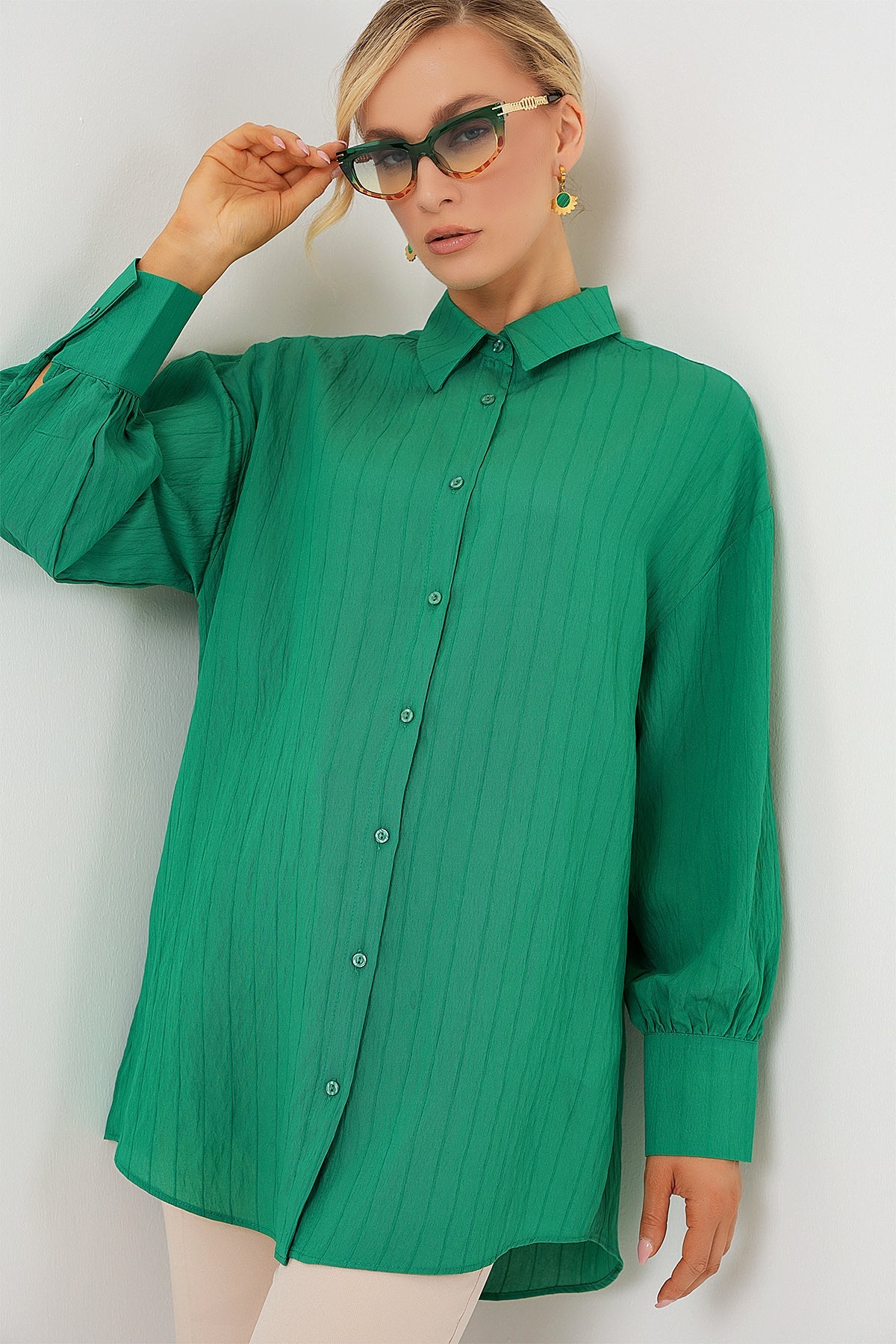 kadin çizgili uzun gömlek tunik 5963 - kahverengi - Justyol