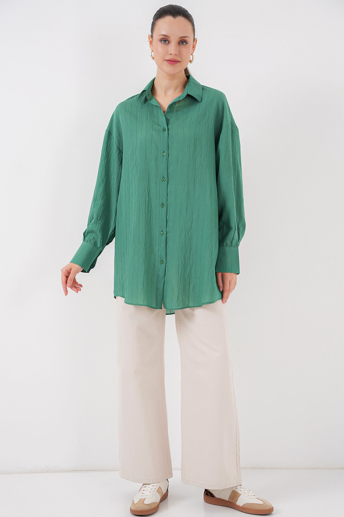 kadin çizgili uzun gömlek tunik 5963 - kahverengi - Justyol