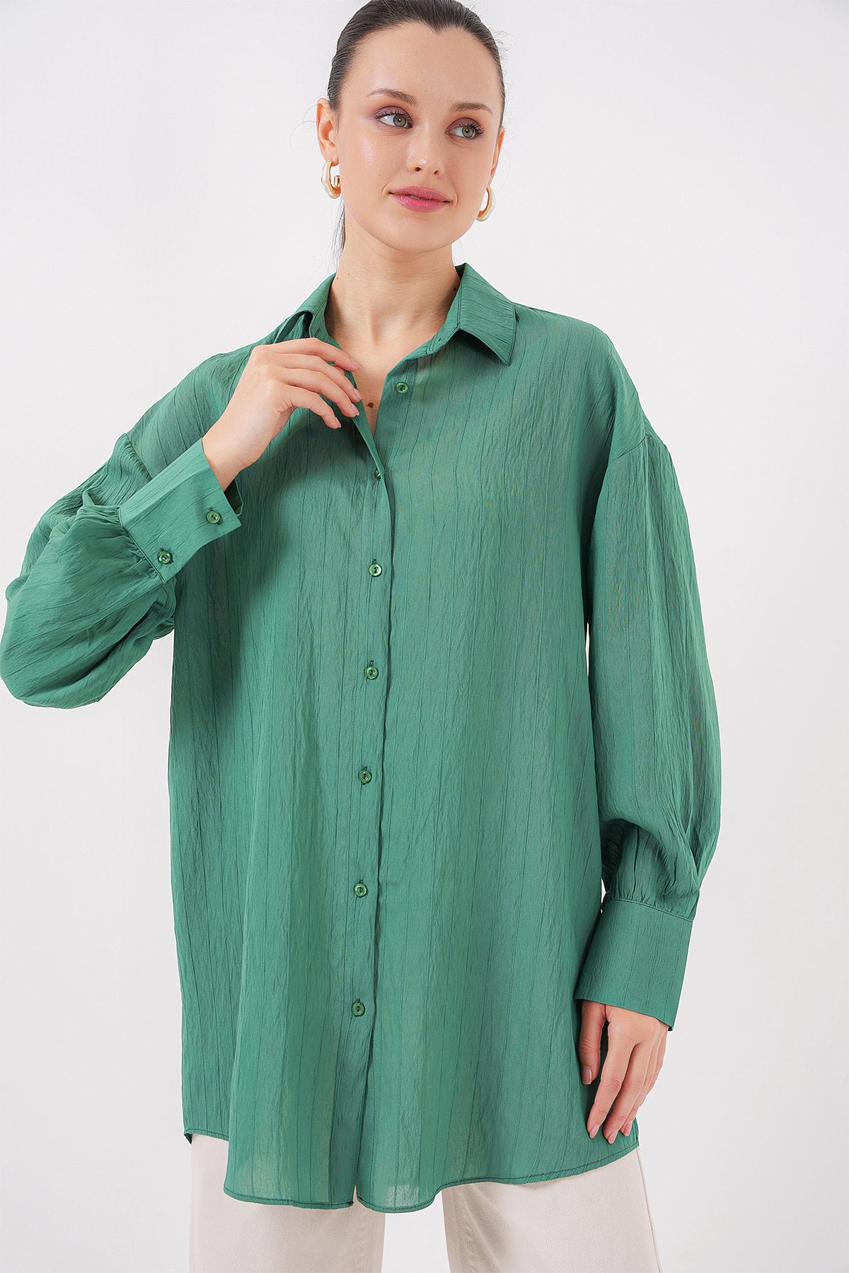 kadin çizgili uzun gömlek tunik 5963 - kahverengi - Justyol