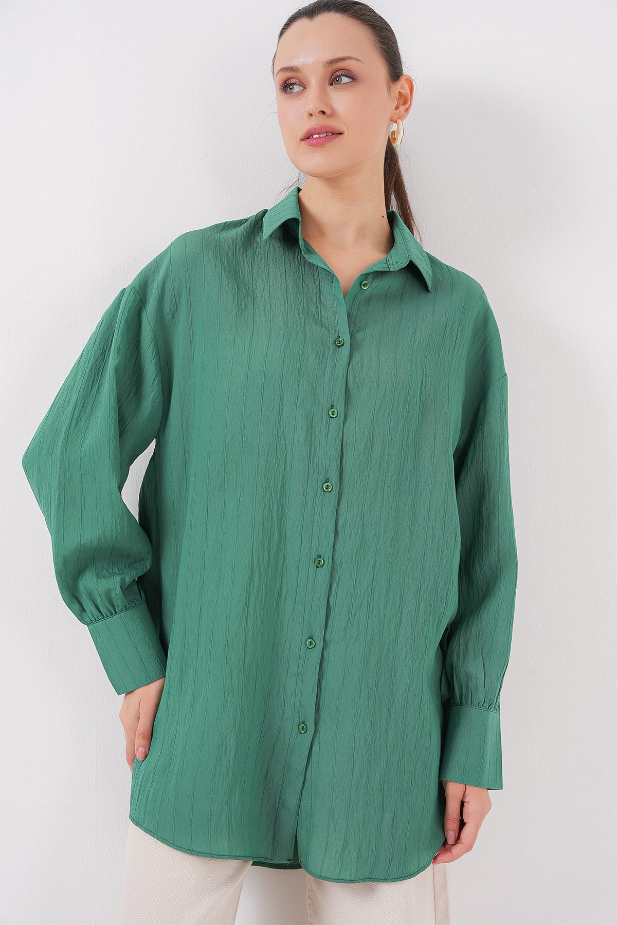 kadin çizgili uzun gömlek tunik 5963 - kahverengi - Justyol