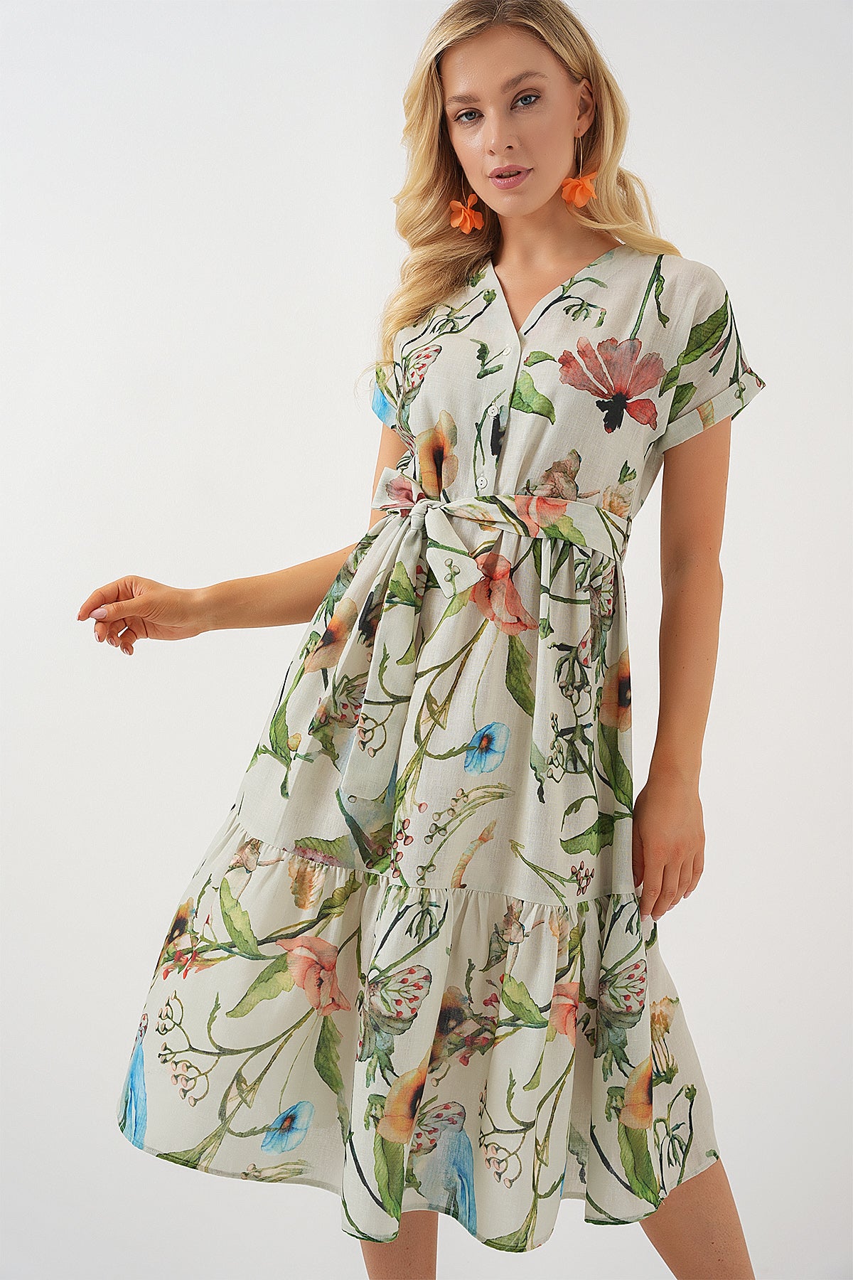 kadin desenli kisa kol elbise 2558 - Justyol