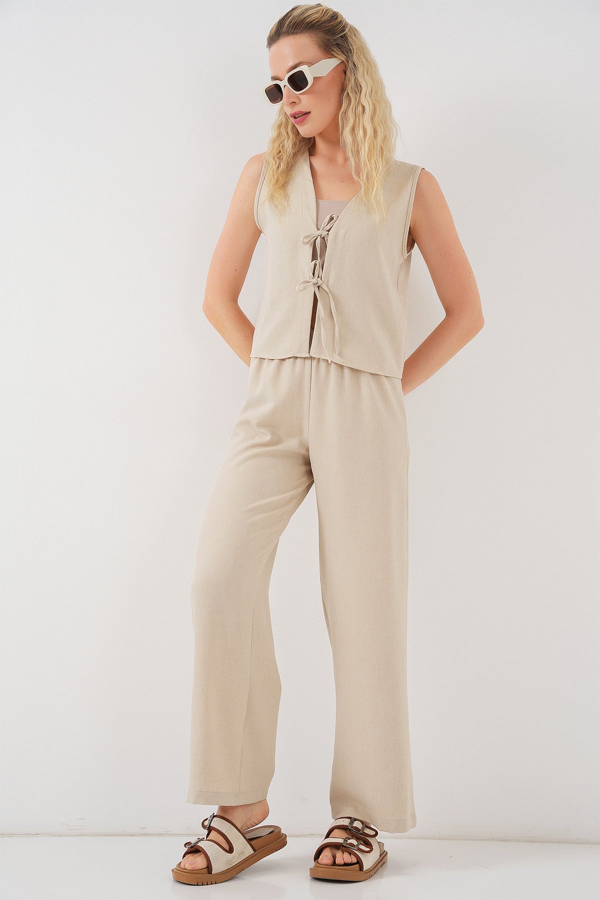 kadin keten görünümlü sifir kol ikili takim 6746 - Justyol