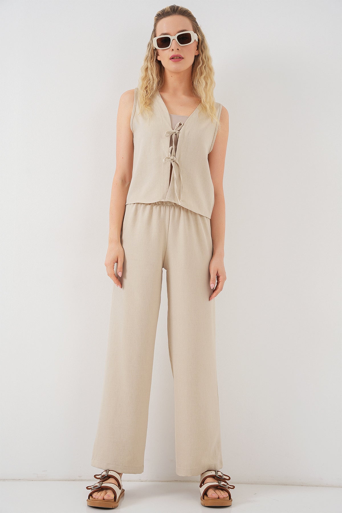 kadin keten görünümlü sifir kol ikili takim 6746 - Justyol