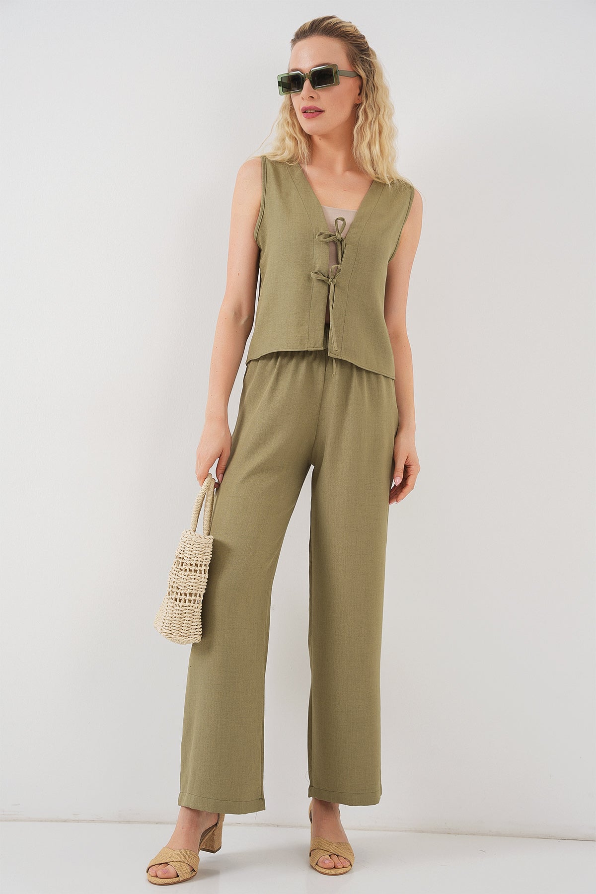 kadin keten görünümlü sifir kol ikili takim 6746 - Justyol