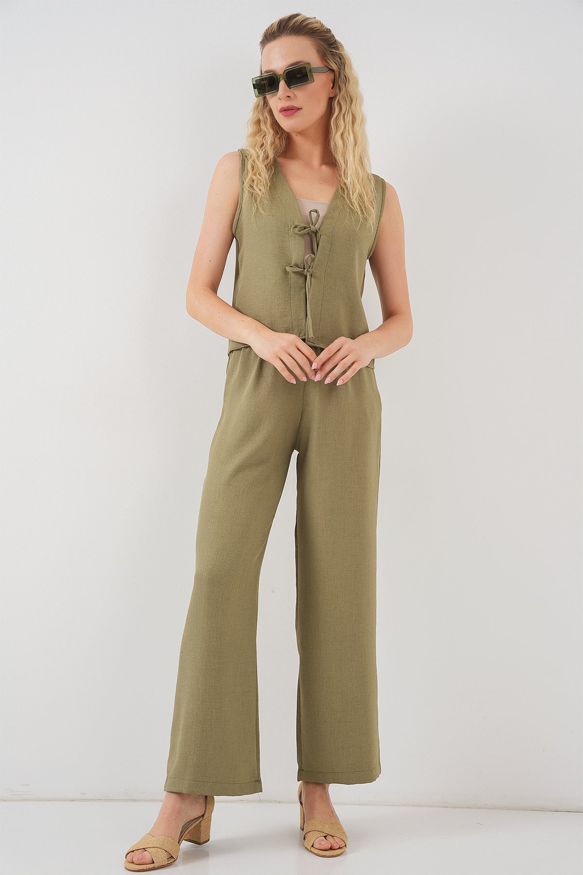 kadin keten görünümlü sifir kol ikili takim 6746 - Justyol