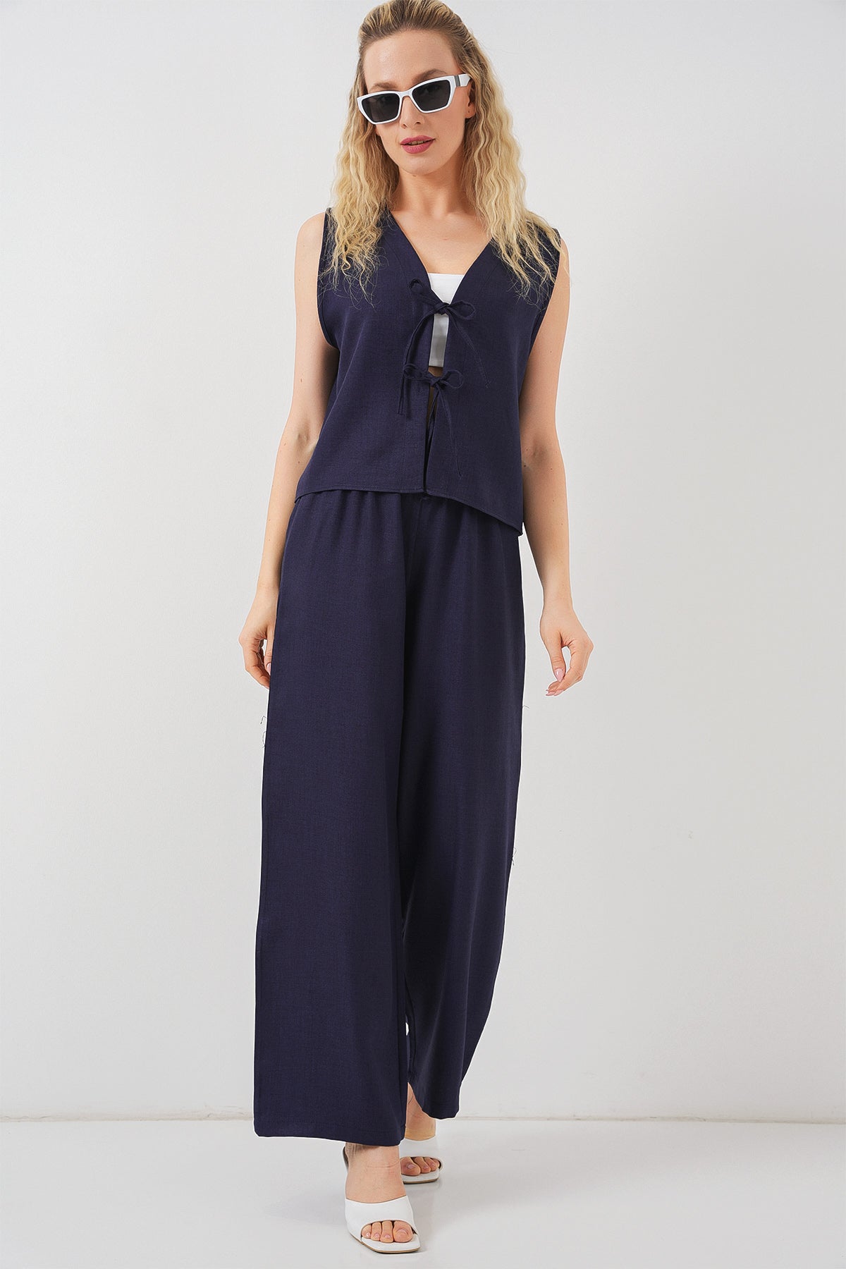 kadin keten görünümlü sifir kol ikili takim 6746 - Justyol