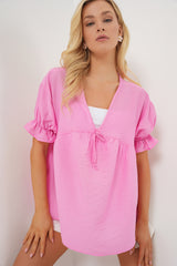 kadin önü bağcikli kisa kol bluz 962 - Justyol