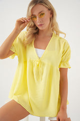 kadin önü bağcikli kisa kol bluz 962 - Justyol