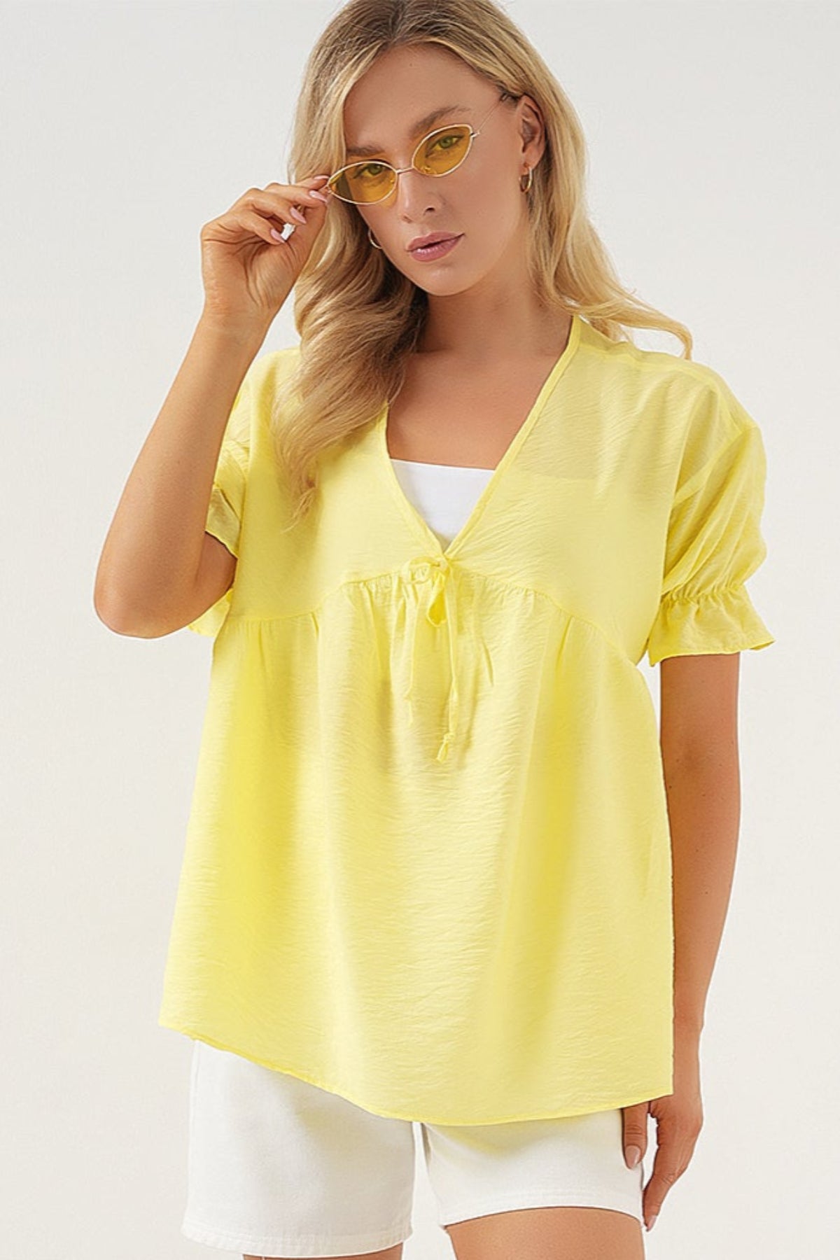 kadin önü bağcikli kisa kol bluz 962 - Justyol