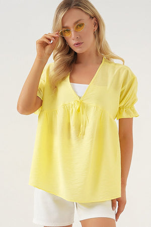 kadin önü bağcikli kisa kol bluz 962 - Justyol