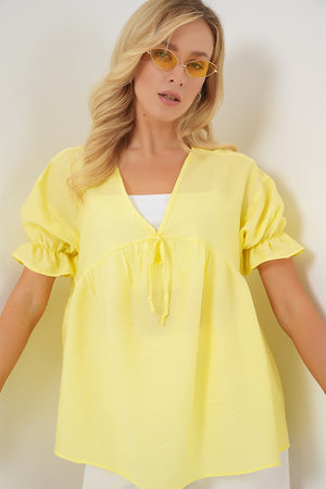 kadin önü bağcikli kisa kol bluz 962 - Justyol