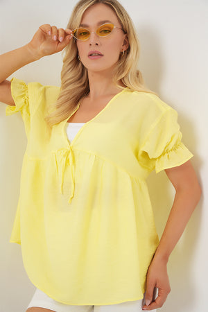 kadin önü bağcikli kisa kol bluz 962 - Justyol