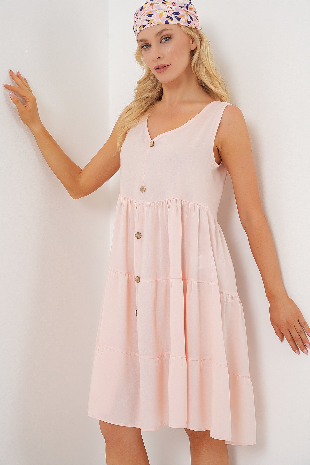 kadin sifir kol düğmeli kisa elbise 2571 - Justyol