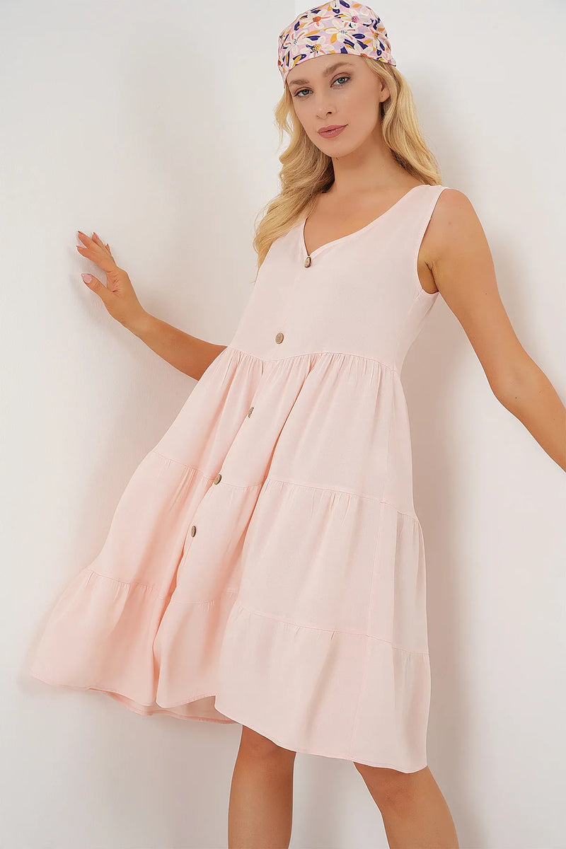 Robe femme courte sans manches boutonnée en viscose 2571